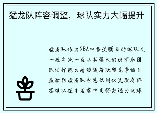猛龙队阵容调整，球队实力大幅提升